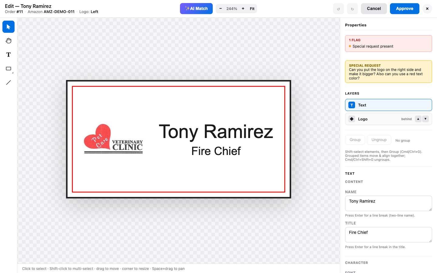Canvas editor with text and logo layers, safe-area guides, and AI layout matching