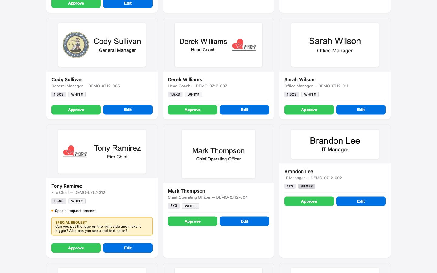Rendered name tags with customer logos, auto-laid-out