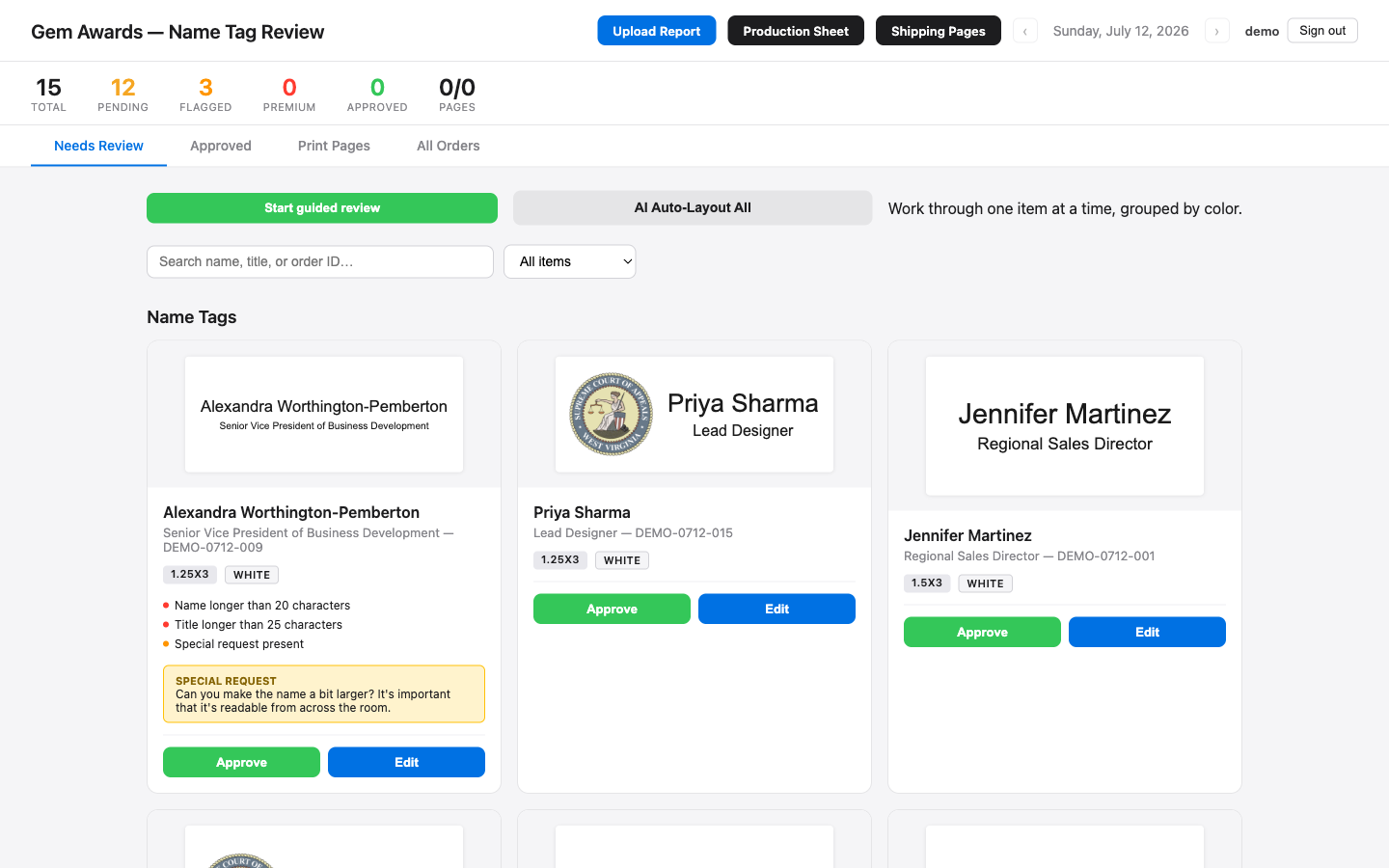 Product Reviewer queue with live tag previews, logos, and automatic flags