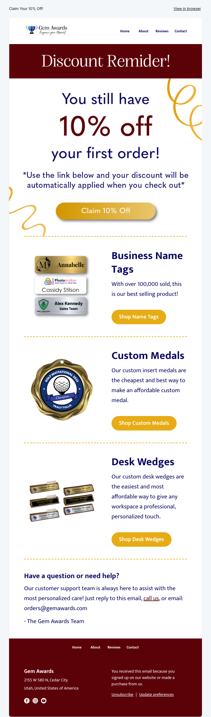 Reminder of discount w/ product categories